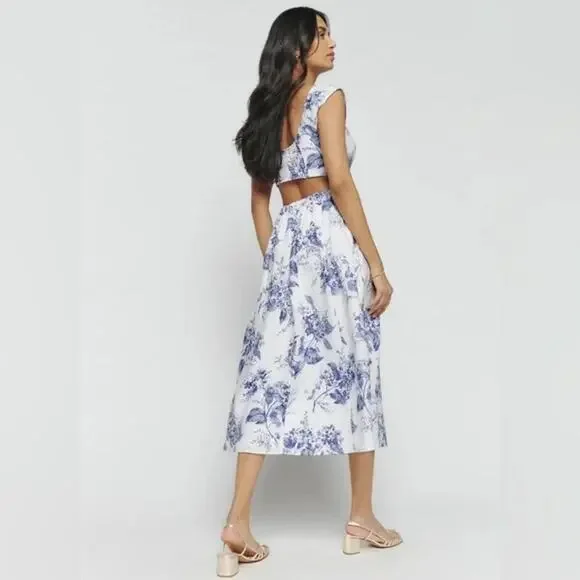 Reformation Teya Linen Two Piece Lupine Size 10 Skirt Crop Top Floral White Blue - Picture 9 of 16